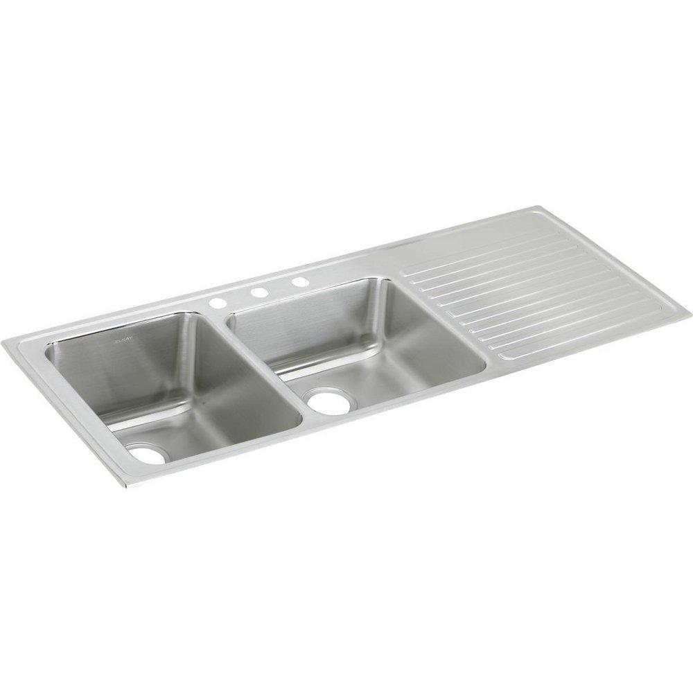 Elkay Lustrous Satin 4 Hole Double Bowl Self-rimming or Drop-in Kitchen Sink with Ribbed Drain Board 