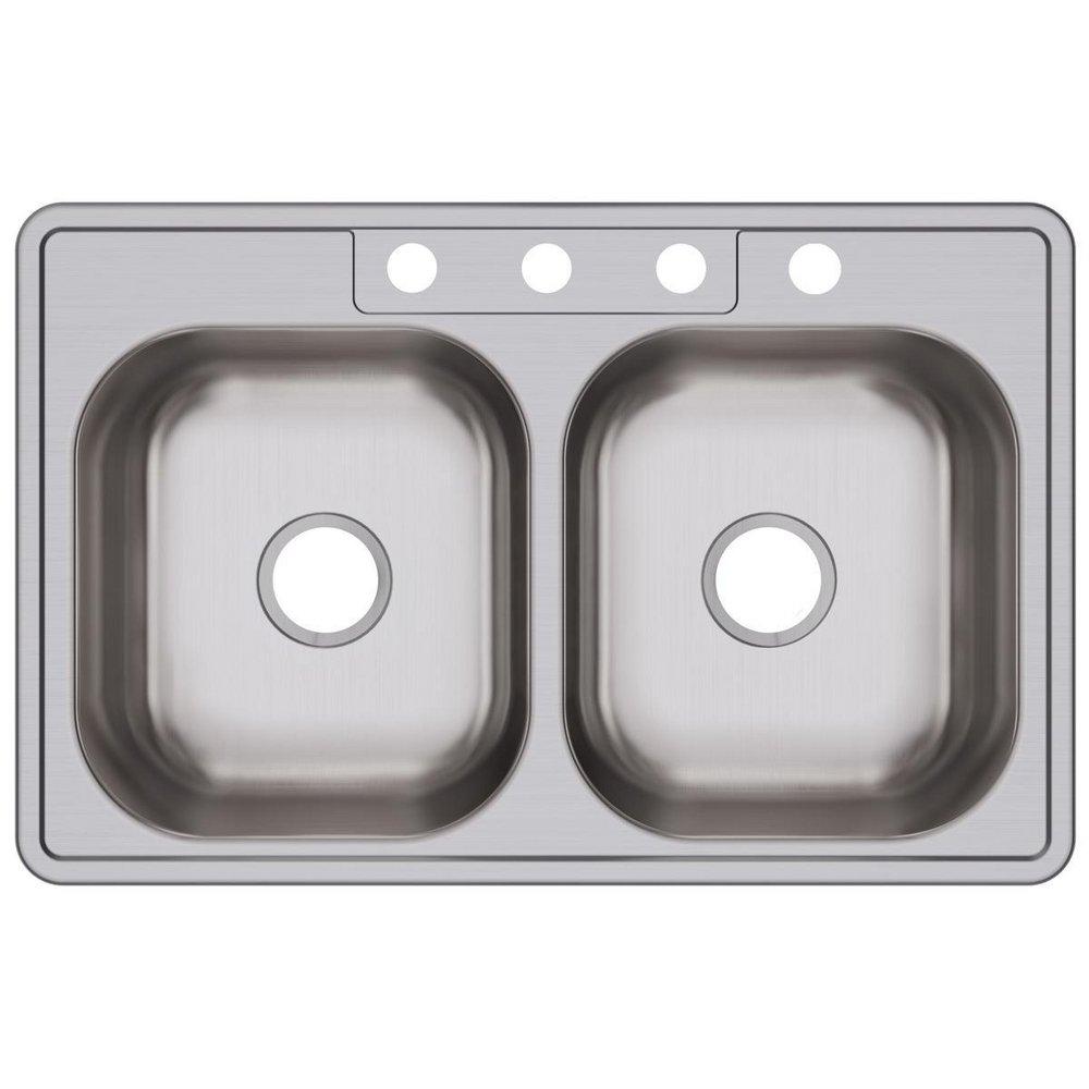 Elkay Lustrous Satin 4 Hole Double Bowl Self-rimming or Drop-in Kitchen Sink with Ribbed Drain Board 
