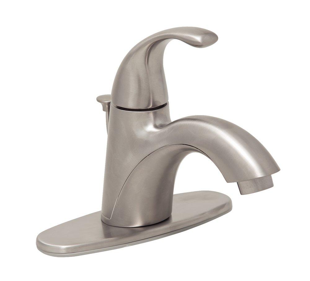 PROFLO&reg; Brushed Nickel Single Handle Monoblock Bathroom Sink Faucet with Escutcheon and Brass Pop-Up Drain Assembly 