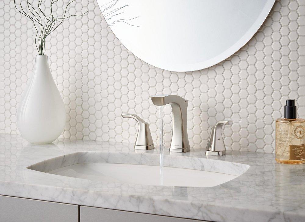 Delta Faucet Brilliance&reg; Stainless Two Handle Widespread Bathroom Sink Faucet with Pop-Up Drain Assembly 