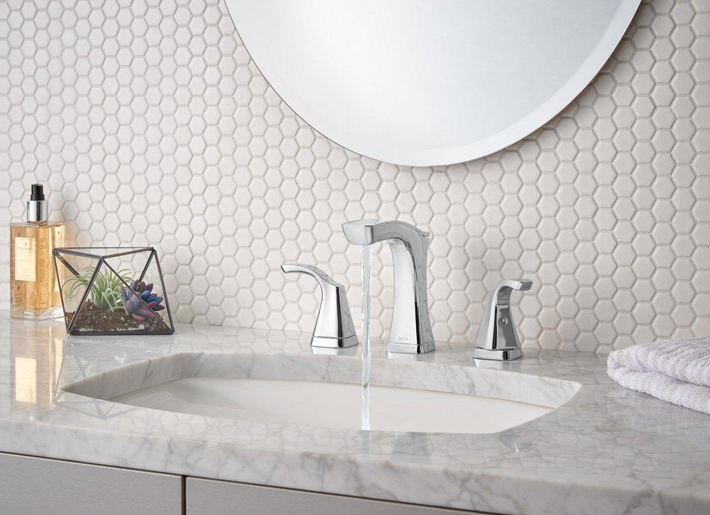 Delta Faucet Chrome Two Handle Widespread Bathroom Sink Faucet with Pop-Up Drain Assembly 