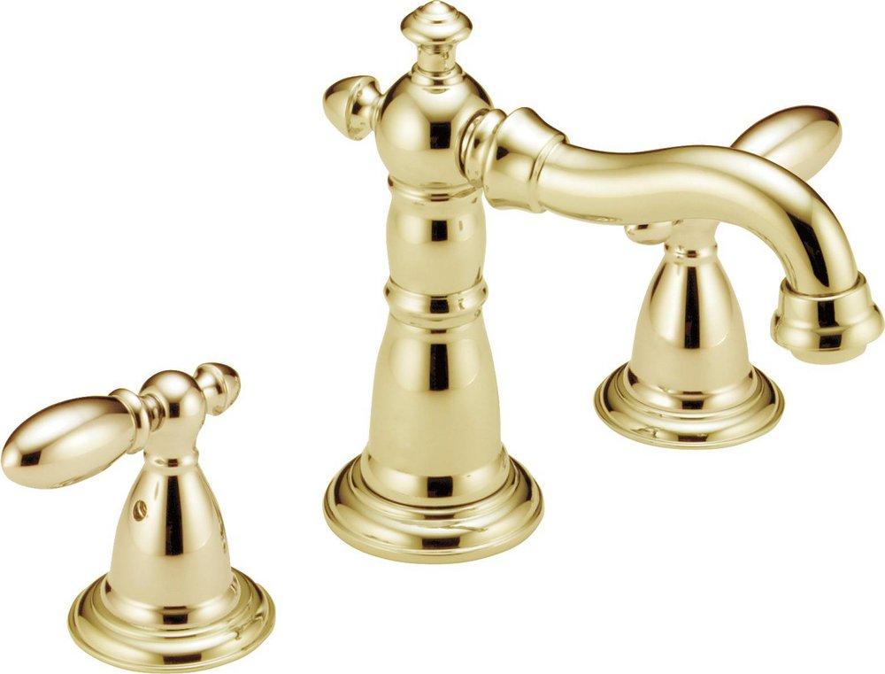 Delta Faucet Brilliance&reg; Polished Brass Two Handle Widespread Bathroom Sink Faucet with Pop-Up Drain Assembly 
