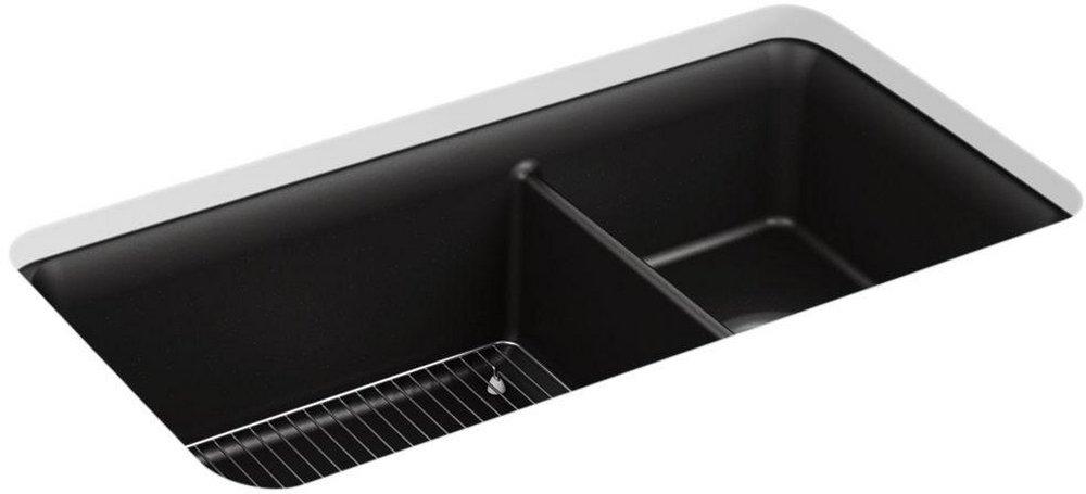 KOHLER Matte Black 33-1/2 x 18-5/16 in. No-Hole Composite Double Bowl Undermount Kitchen Sink 