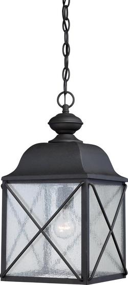 1-Light Outdoor Hanging Fixture with Clear Seed Glass in Textured Black