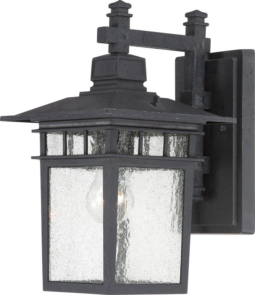 NUVO Textured Black 14 in. 1-Light Wall Mounted Outdoor Lantern with Clear Seeded Glass 