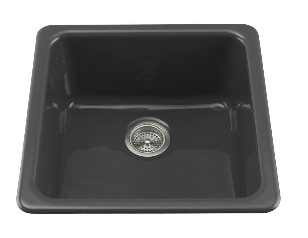 KOHLER Black Black&trade; 20-7/8 x 20-7/8 in. No Hole Cast Iron Single Bowl Dual Mount Kitchen Sink 