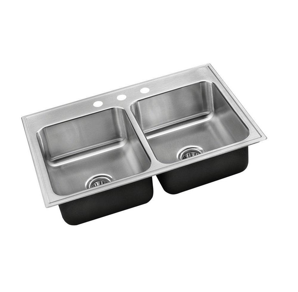 Just Manufacturing Brushed Steel 33 x 22 in. Stainless Steel Double Bowl Drop-in Kitchen Sink in No. 4 