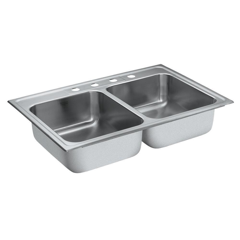 Moen Stainless Steel 20 ga 2-Bowl Drop-In Kitchen Sink with Center Drain 