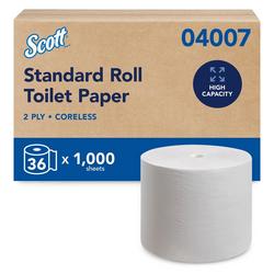 Coreless Standard Roll Toilet Paper, High-Capacity, White, 2-Ply, 1,000 Sheets/Roll, 36 Rolls/Case
