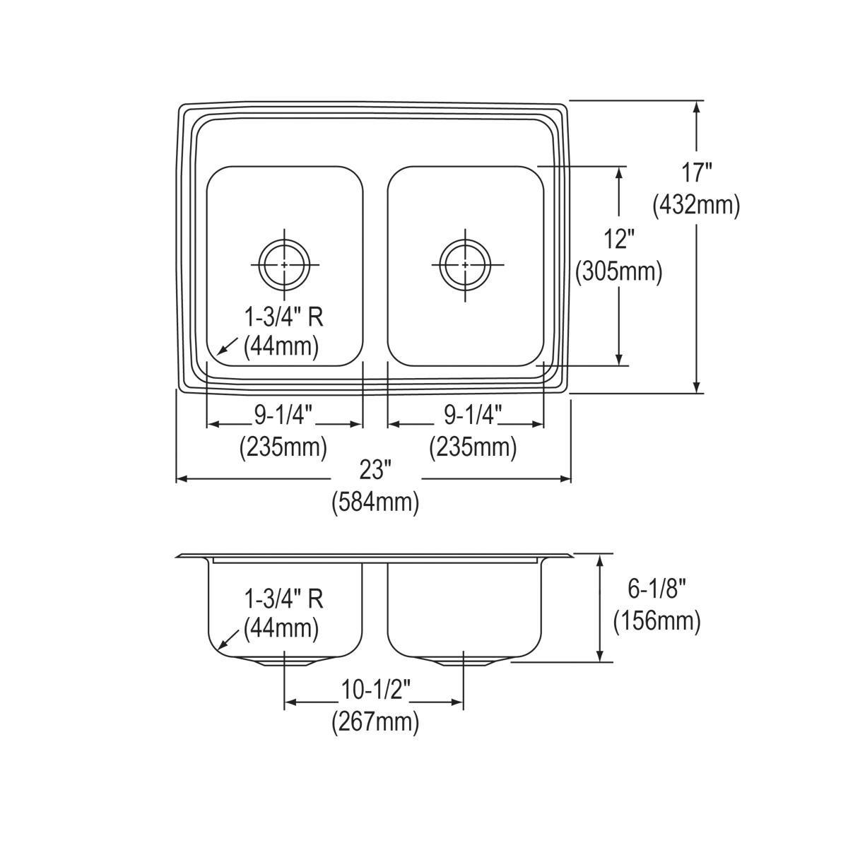 Elkay Stainless Steel 23 x 17 in. Two Bowl Bar Sink 3-Hole Stainless Steel 