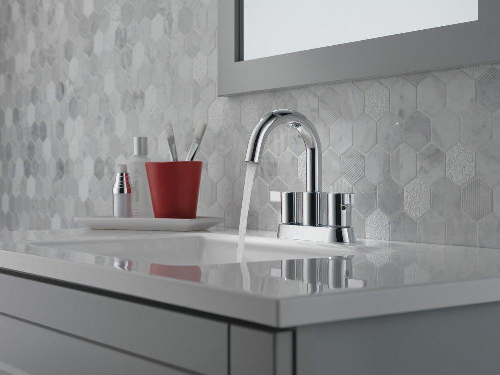 Peerless&reg; Polished Chrome Two Handle Centerset Bathroom Sink Faucet Lever Handle 