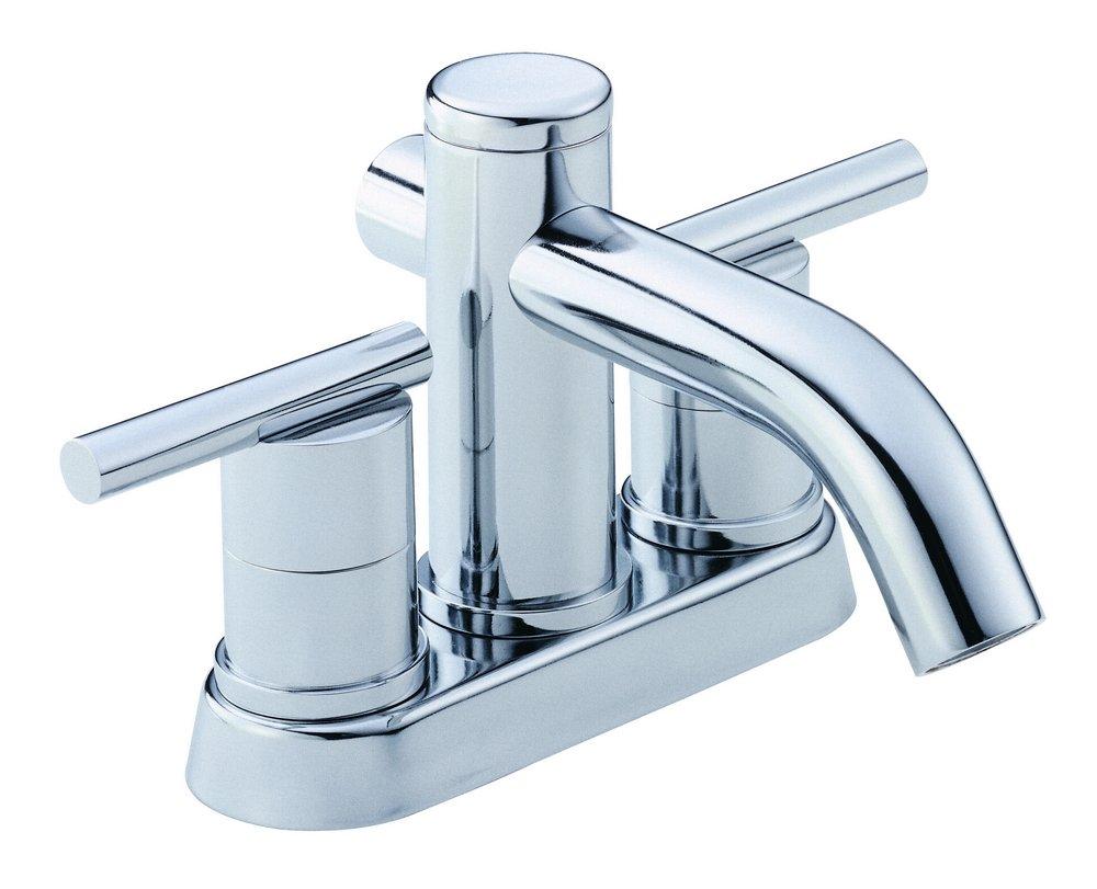 Gerber Plumbing Polished Chrome Deck Mount Centerset Bathroom Sink Faucet with Double Lever Handle and Low Arc Spout 