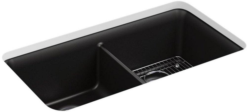 KOHLER Matte Black 33-1/2 x 18-5/16 in. No Hole Composite Double Bowl Undermount Kitchen Sink 