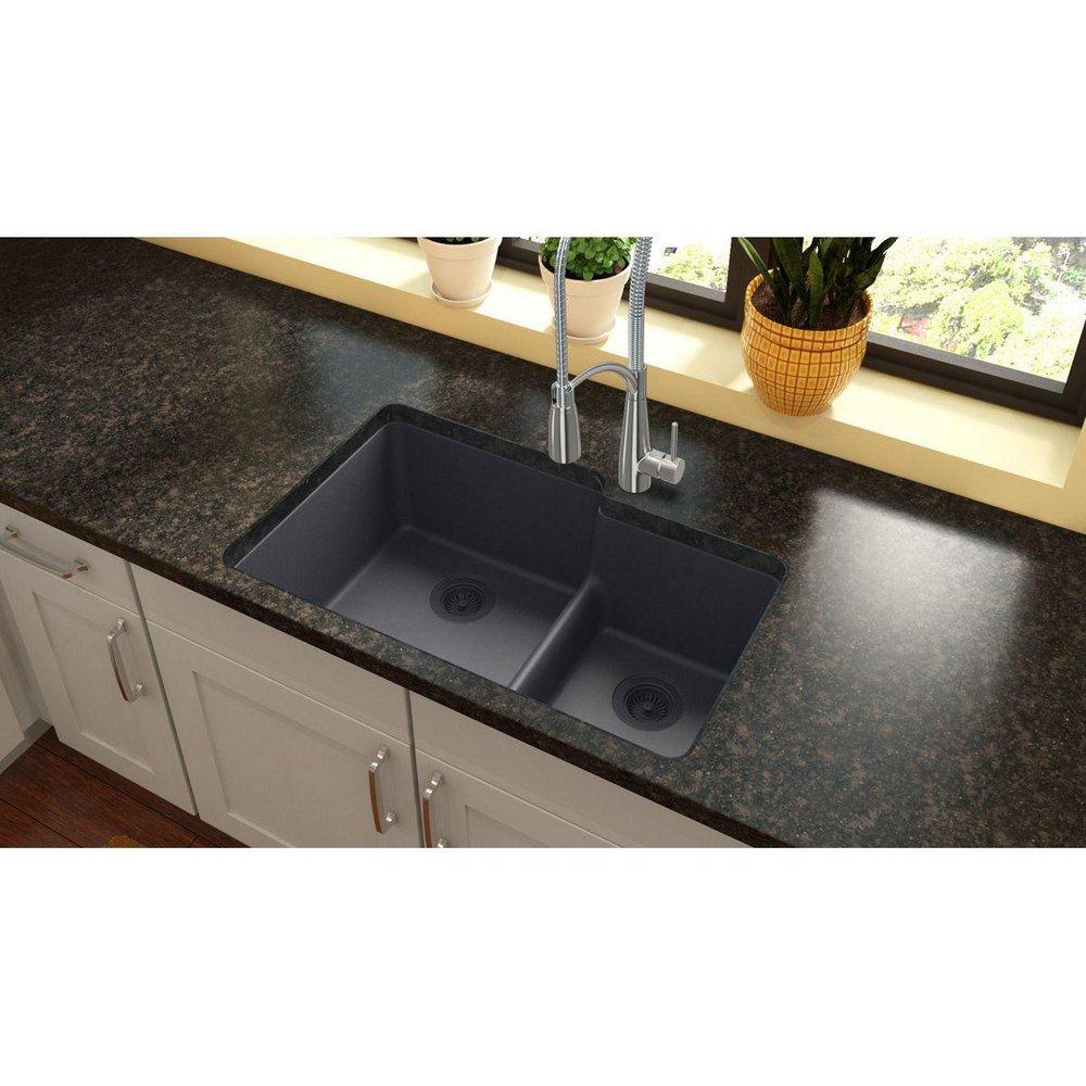 Elkay Dusk Grey 33 x 20-1/2 in. No Hole Composite Double Bowl Undermount Kitchen Sink 