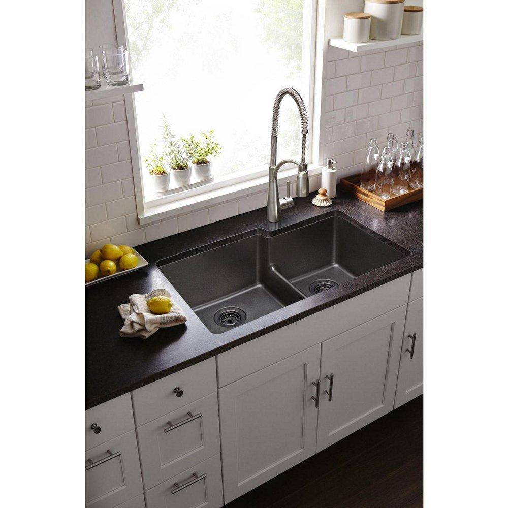 Elkay Black 33 x 20-1/2 in. No Hole Composite Double Bowl Undermount Kitchen Sink 