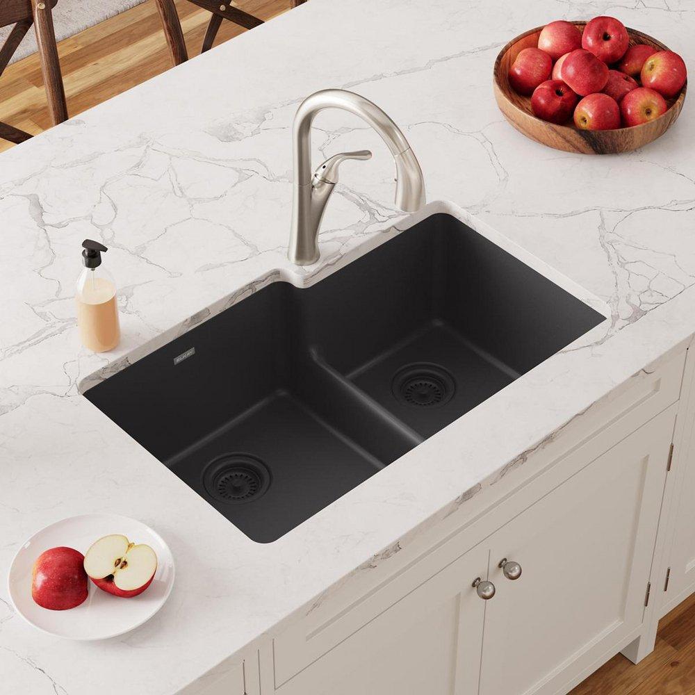Elkay Black 33 x 20-1/2 in. No Hole Composite Double Bowl Undermount Kitchen Sink 