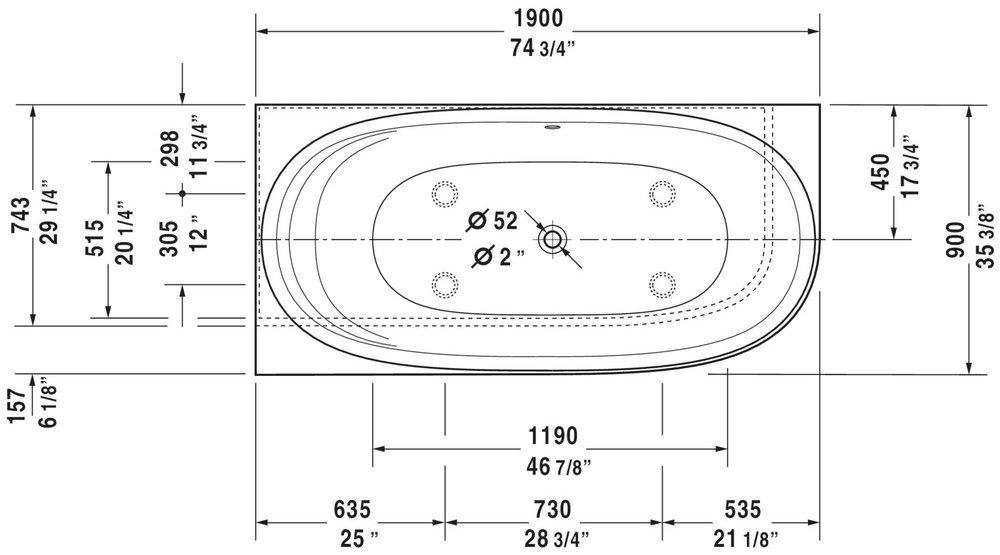 Duravit White 74-7/8 x 35-1/2 in. Soaker Drop-In Bathtub Center Drain 