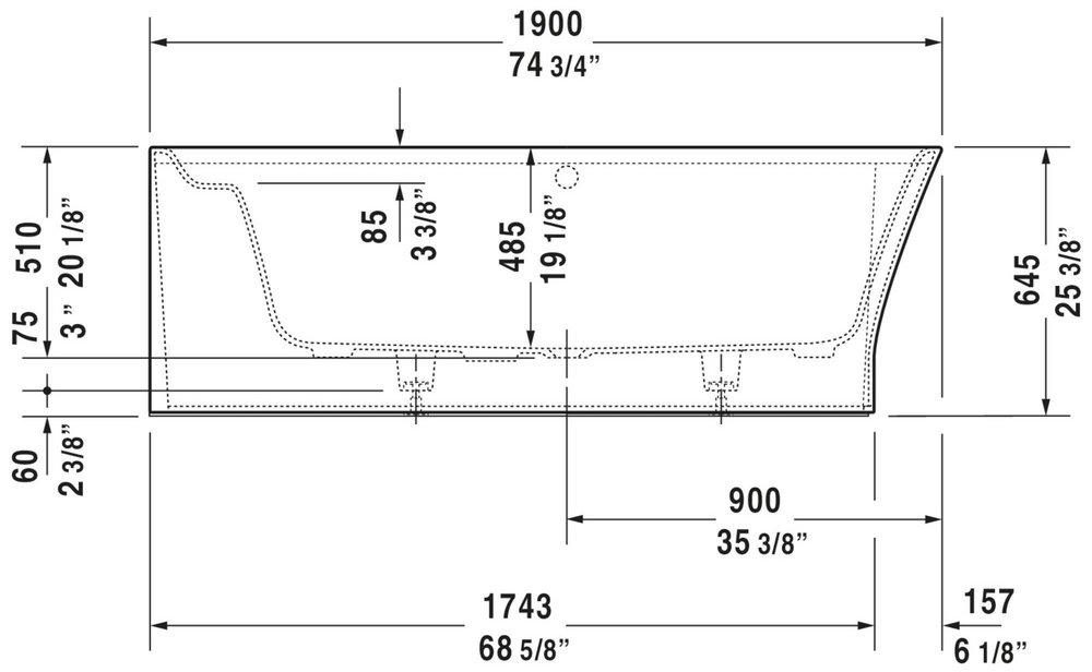 Duravit White 74-7/8 x 35-1/2 in. Soaker Drop-In Bathtub Center Drain 