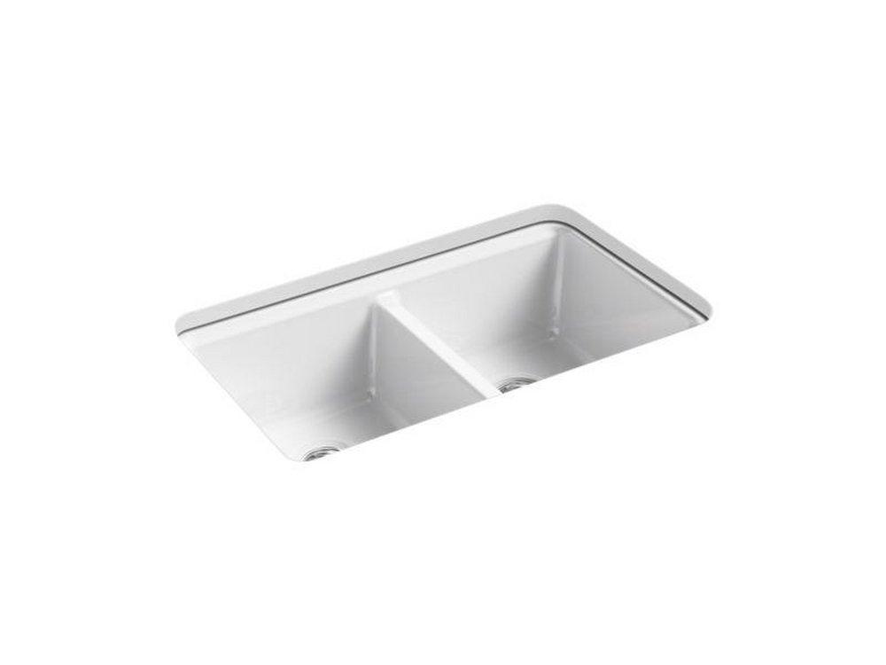 KOHLER White 33 x 22 in. 5-Hole Cast Iron Double Bowl Undermount Kitchen Sink 
