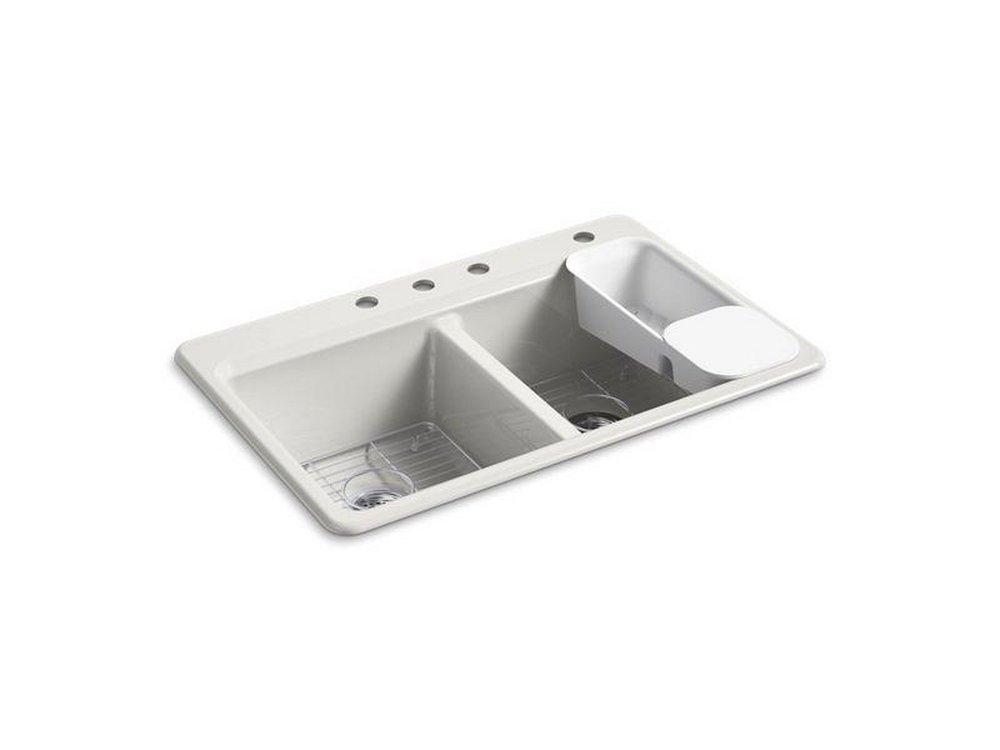 KOHLER Sea Salt&trade; 33 x 22 in. 4 Hole Cast Iron Double Bowl Drop-in Kitchen Sink 