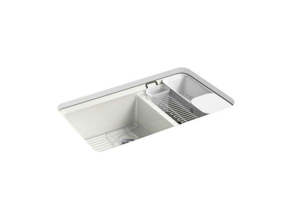 KOHLER Dune 33 x 22 in. 5 Hole Cast Iron Double Bowl Undermount Kitchen Sink 