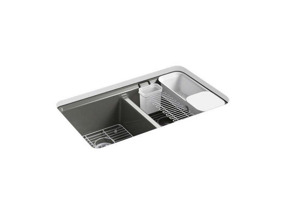 KOHLER Thunder&trade; Grey 33 x 22 in. 5-Hole Cast Iron Double Bowl Undermount Kitchen Sink 