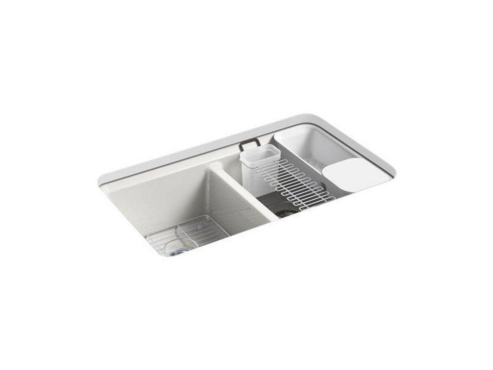 KOHLER Sea Salt&trade; 33 x 22 in. 5-Hole Cast Iron Double Bowl Undermount Kitchen Sink 