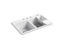KOHLER White 33 x 22 in. 4 Hole Cast Iron Double Bowl Drop-in Kitchen Sink 