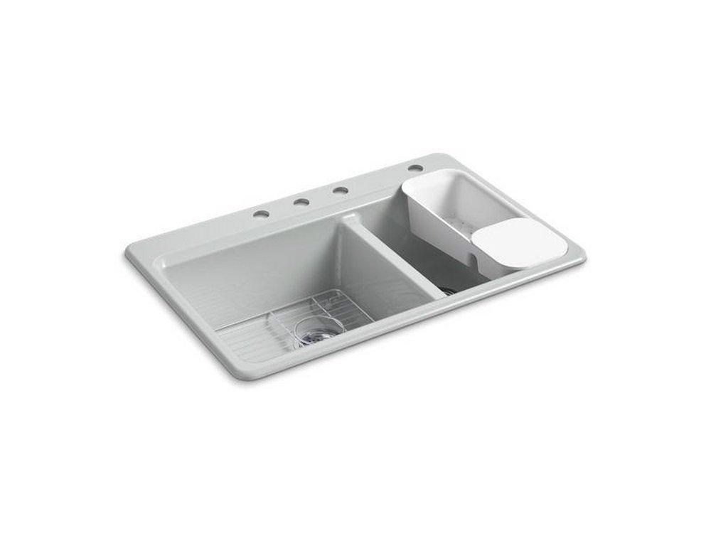 KOHLER Ice&trade; Grey 33 x 22 in. 4 Hole Cast Iron Double Bowl Drop-in Kitchen Sink 