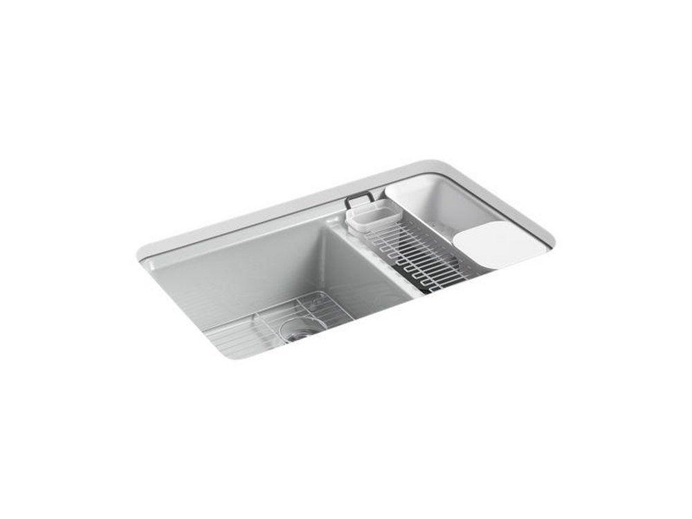 KOHLER Ice&trade; Grey 33 x 22 in. 5 Hole Cast Iron Double Bowl Undermount Kitchen Sink 