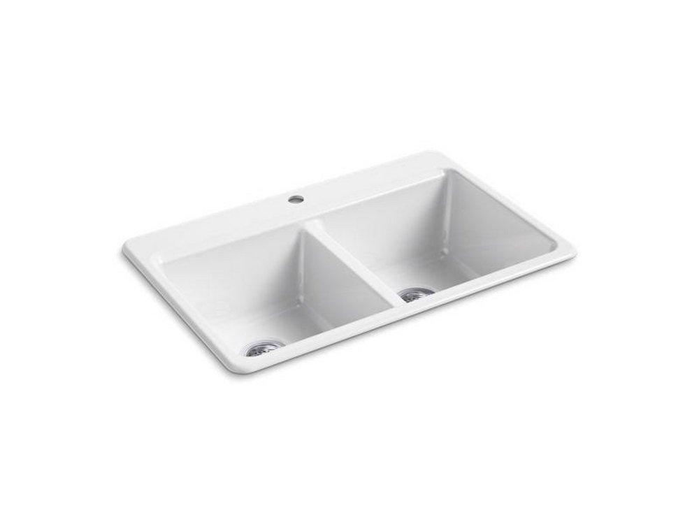 KOHLER White 33 x 22 in. 1 Hole Cast Iron Double Bowl Drop-in Kitchen Sink 