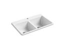 KOHLER White 33 x 22 in. 1 Hole Cast Iron Double Bowl Drop-in Kitchen Sink 