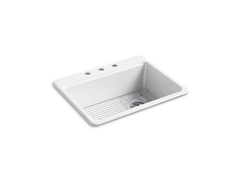 KOHLER White 27 x 22 in. 3 Hole Cast Iron Single Bowl Drop-in Kitchen Sink 