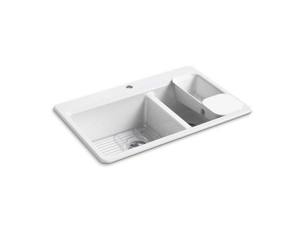 KOHLER White 33 x 22 in. 1 Hole Cast Iron Double Bowl Drop-in Kitchen Sink 
