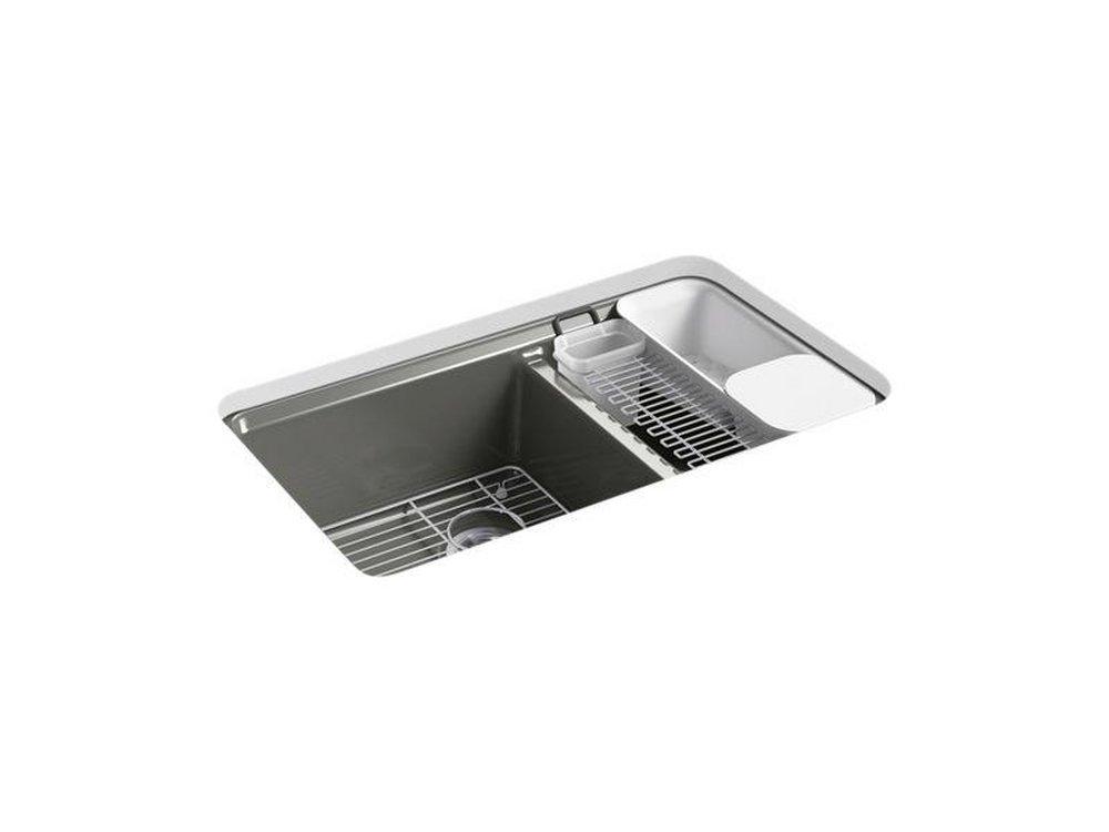 KOHLER Thunder&trade; Grey 33 x 22 in. 5 Hole Cast Iron Double Bowl Undermount Kitchen Sink 