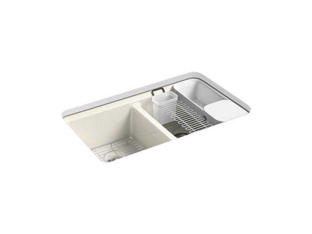 KOHLER Biscuit 33 x 22 in. 5-Hole Cast Iron Double Bowl Undermount Kitchen Sink 