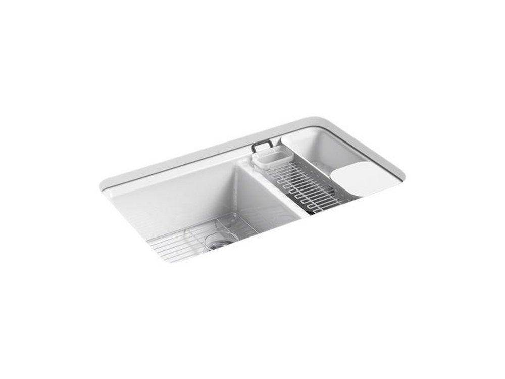 KOHLER White 33 x 22 in. 5 Hole Cast Iron Double Bowl Undermount Kitchen Sink 