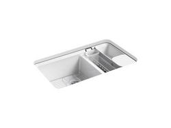 33 in. Undermount Cast Iron Double Bowl Workstation Kitchen Sink in White