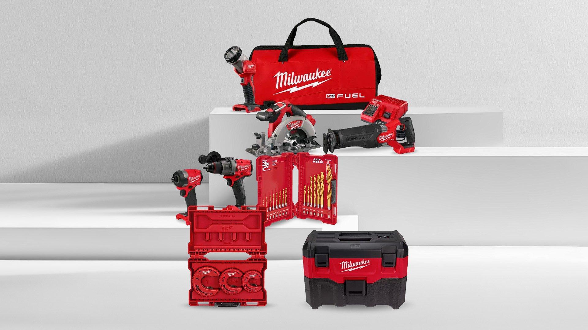 An assortment of Milwaukee® Products including packout box, circular saw and tool bag displayed against a white background.