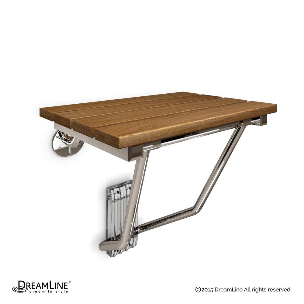 DreamLine Chrome 15 in. Folding Teak Wood and Stainless Steel Shower Seat 