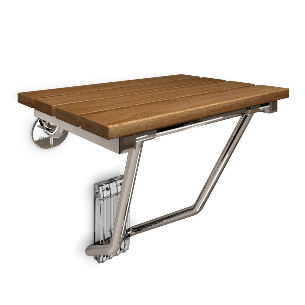 DreamLine Chrome 15 in. Folding Teak Wood and Stainless Steel Shower Seat 