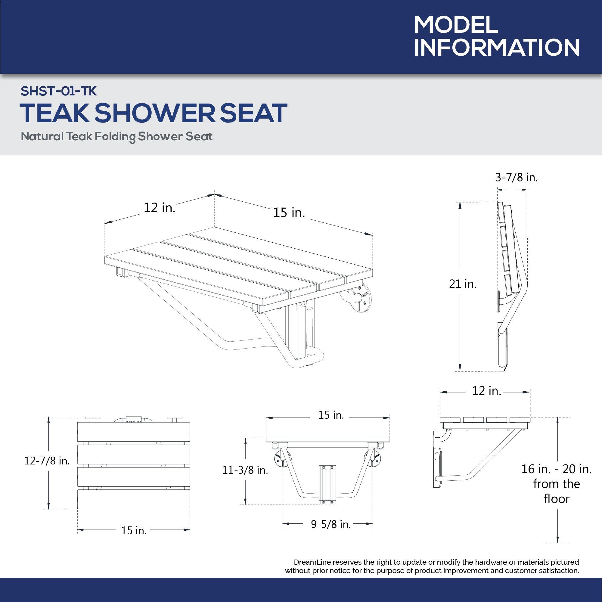 DreamLine Chrome 15 in. Folding Teak Wood and Stainless Steel Shower Seat 