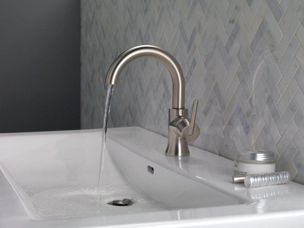 Delta Faucet Brilliance&reg; Stainless Single Handle Monoblock Bathroom Sink Faucet with Metal Pop-Up Drain Assembly 