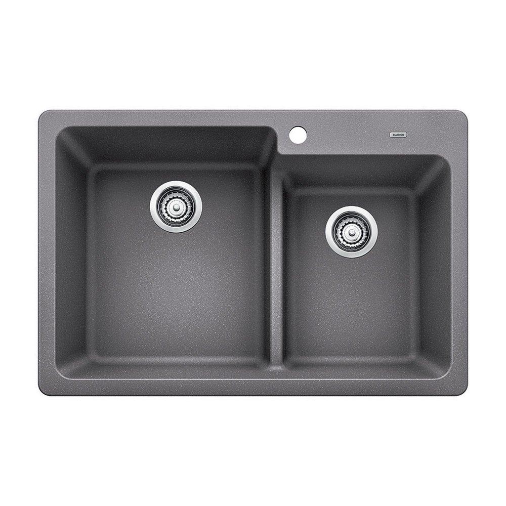 BLANCO Metallic Grey 33 x 22 in. 1-Hole Composite Double Bowl Dual Mount Kitchen Sink 