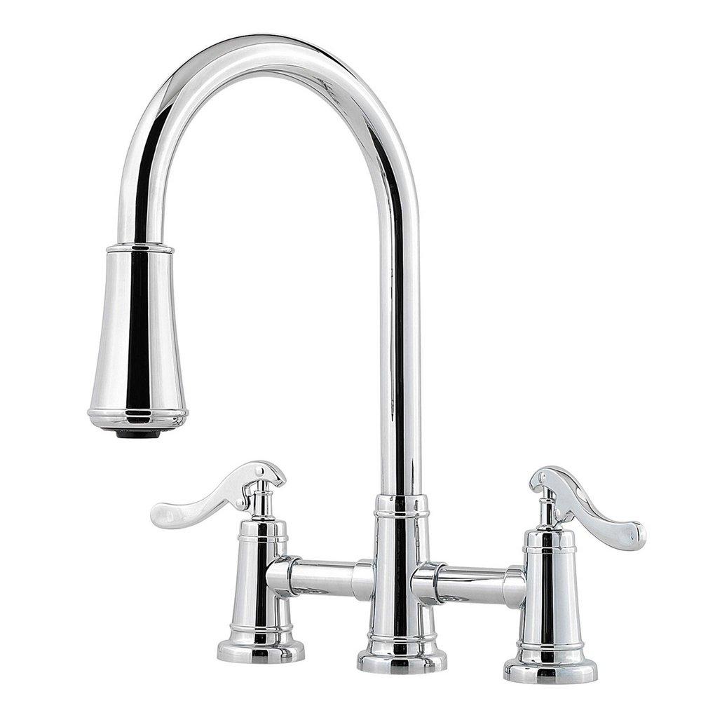 Pfister Polished Chrome Two Handle Bridge Pull Down Kitchen Faucet 
