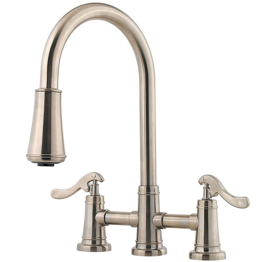 Pfister Brushed Nickel Two Handle Bridge Pull Down Kitchen Faucet 