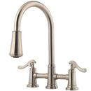 Two Handle Bridge Pull Down Kitchen Faucet in Brushed Nickel
