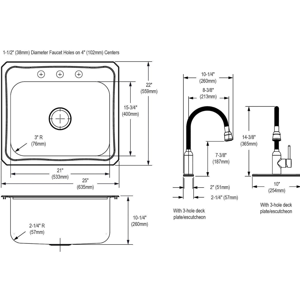 Elkay Brushed Satin 25 x 22 in. 1 Hole Stainless Steel Single Bowl Drop-in Kitchen Sink 