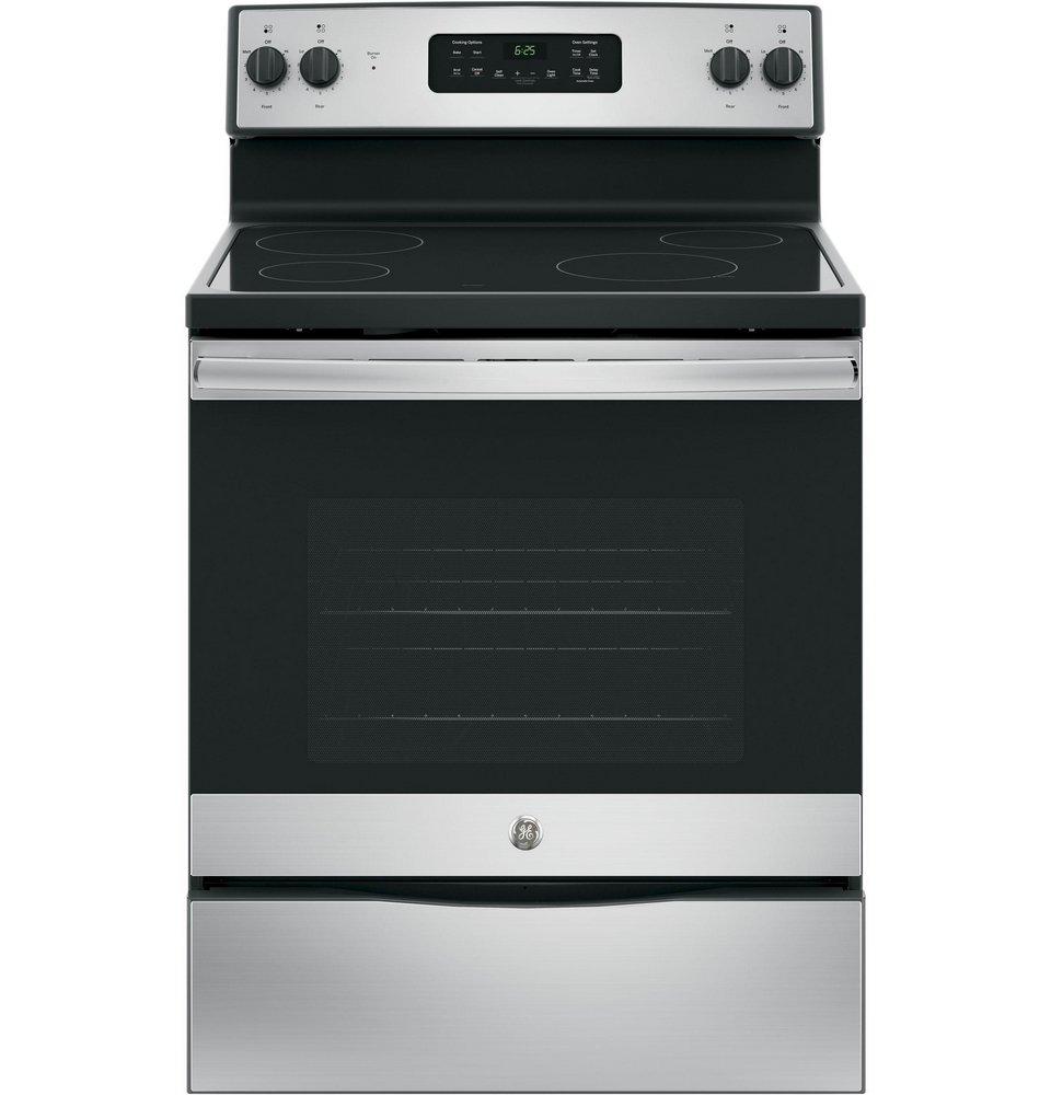 GE&reg; Stainless Steel/Black 29-7/8 in. Dual Fuel 4-Burner Radiant Smoothtop Freestanding Range 