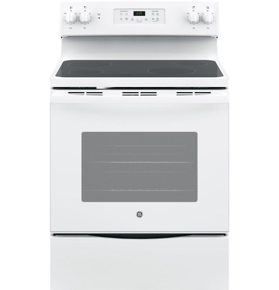GE&reg; White 29-7/8 in. Dual Fuel 4-Burner Radiant Smoothtop Freestanding Range 